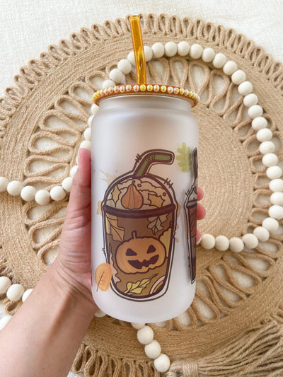 Fall Halloween Pumpkin drinks, glass can with bamboo lid