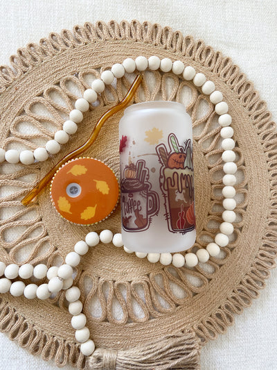 Fall Halloween Pumpkin drinks, glass can with bamboo lid