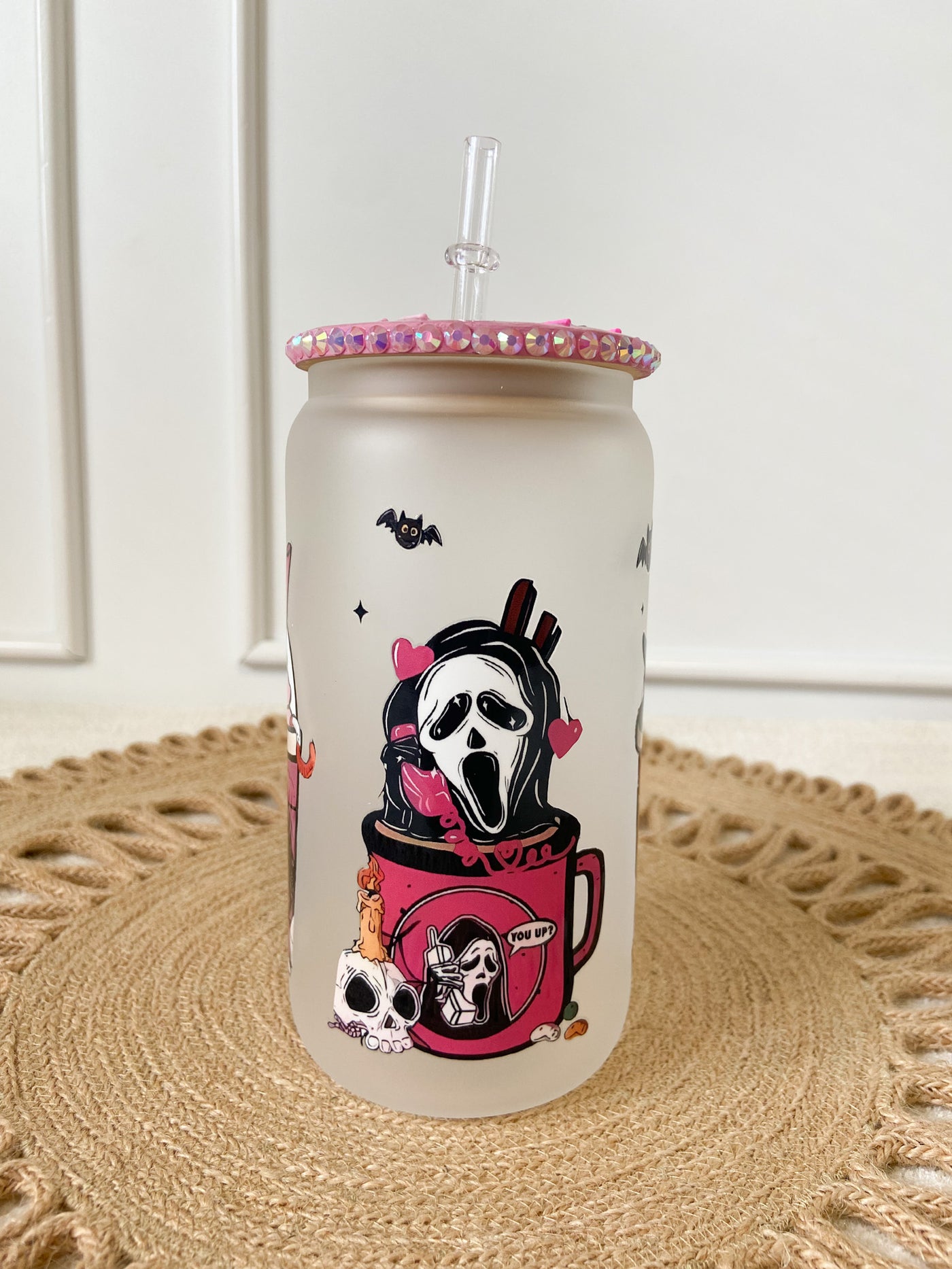 Scream Ghost face Iced Coffee Glass Cup, Fall Iced coffee cup with lid and straw,