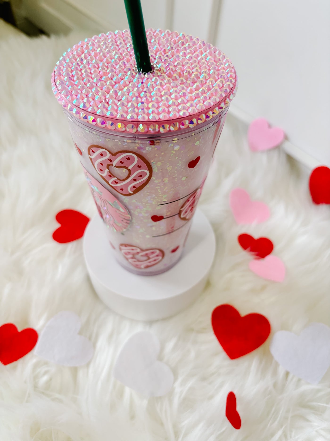 Valentines glow in the dark snow globe tumbler / suspended glitter