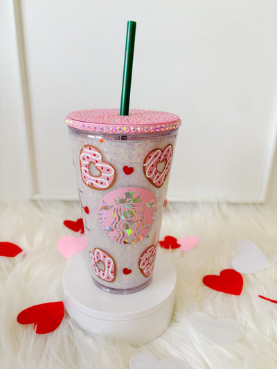 Valentines glow in the dark snow globe tumbler / suspended glitter