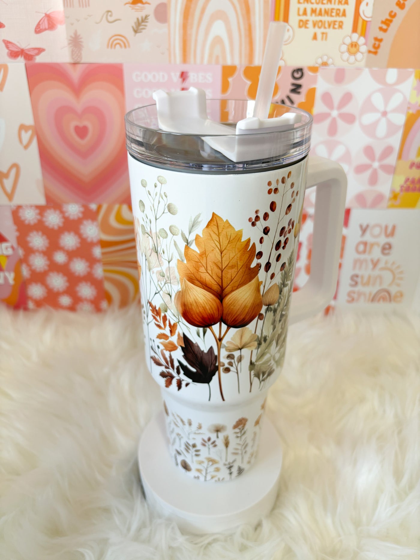 Boho floral 40oz Insulated Tumbler Cup with Handle