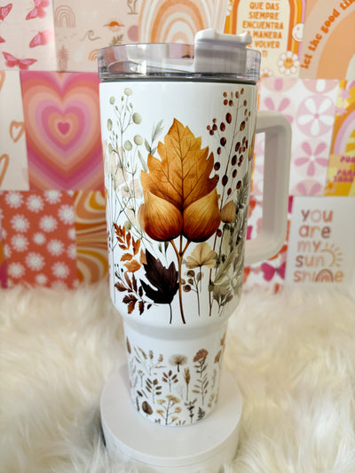 Boho floral 40oz Insulated Tumbler Cup with Handle