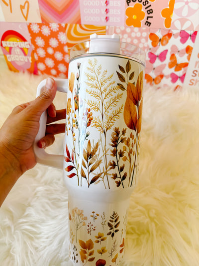 Boho floral 40oz Insulated Tumbler Cup with Handle