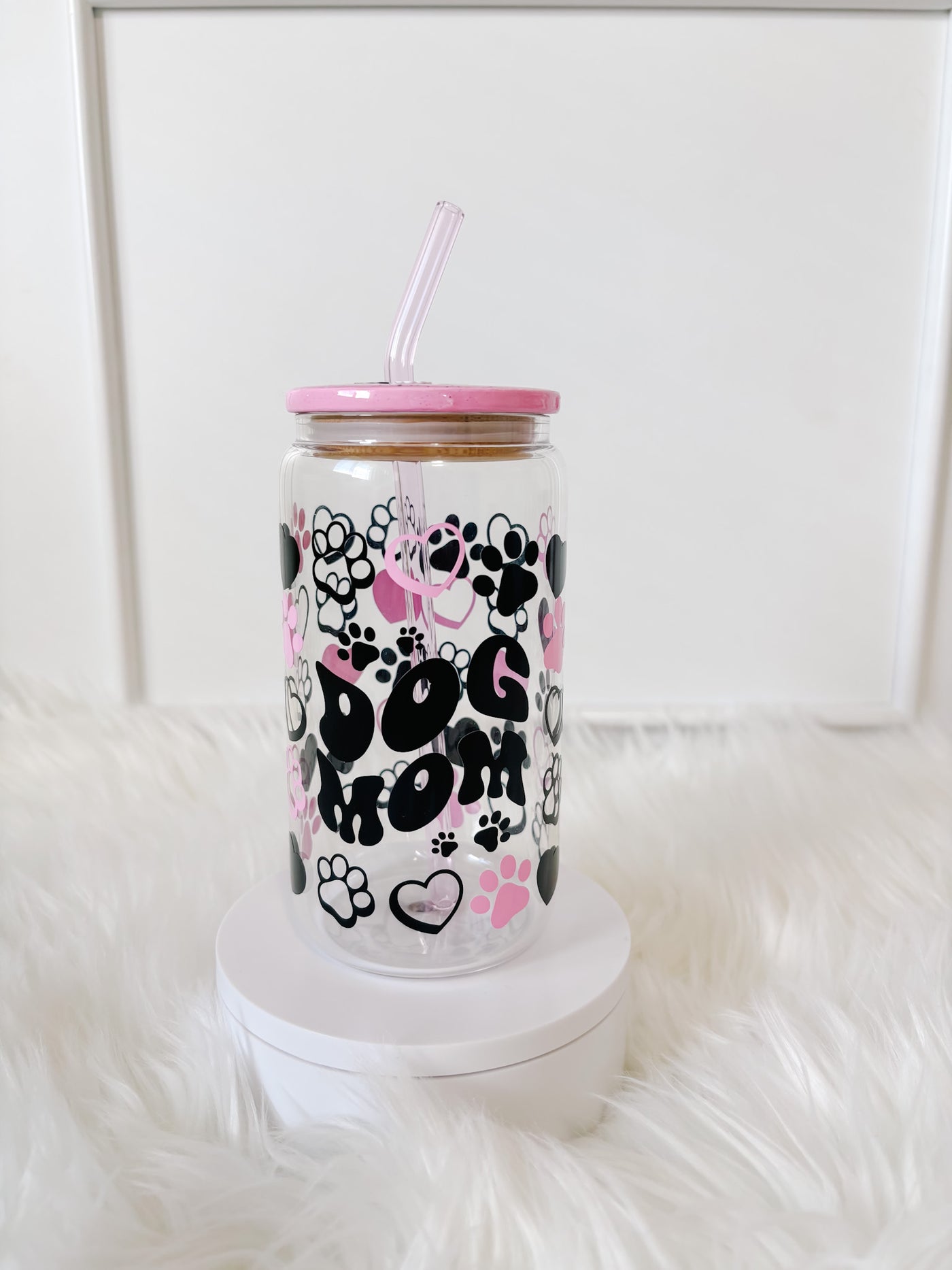 Dog Mom can glass/ Glass coffee cup with lid and straw/ Glass iced coffee cup