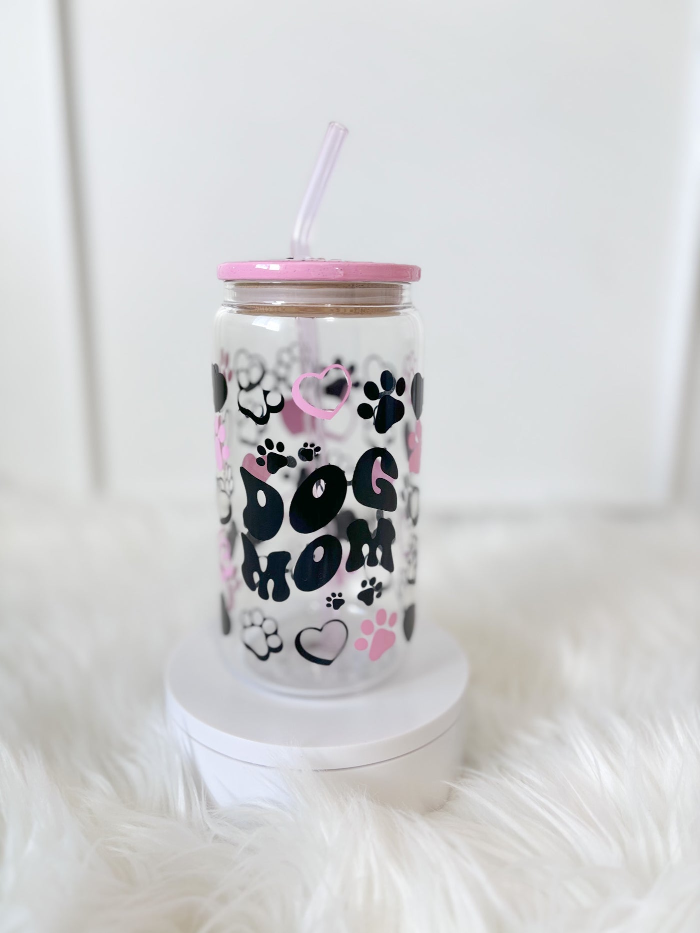 Dog Mom can glass/ Glass coffee cup with lid and straw/ Glass iced coffee cup