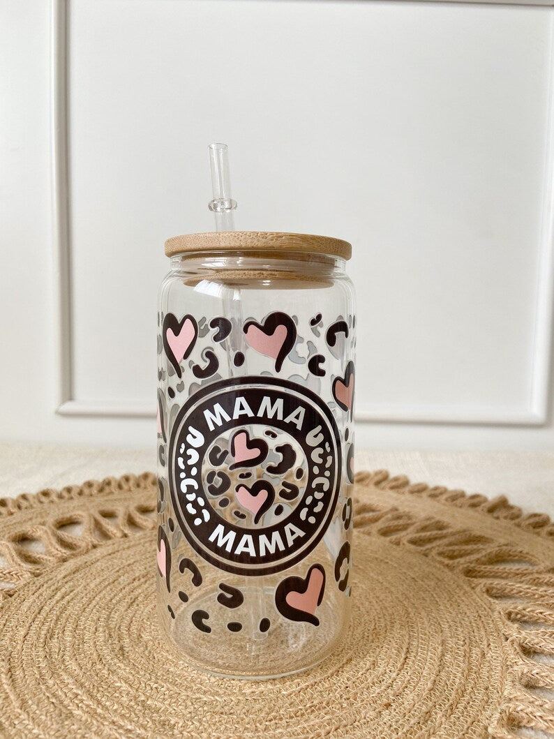 Leopard Glass coffee cup/ Mama Glass coffee cup with lid and straw/ Glass iced coffee cup / Valentines day gift