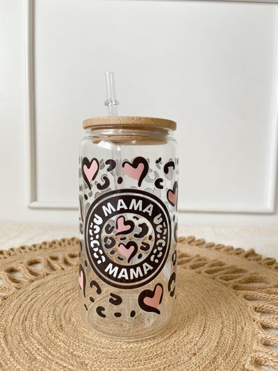 Leopard Glass coffee cup/ Mama Glass coffee cup with lid and straw/ Glass iced coffee cup / Valentines day gift