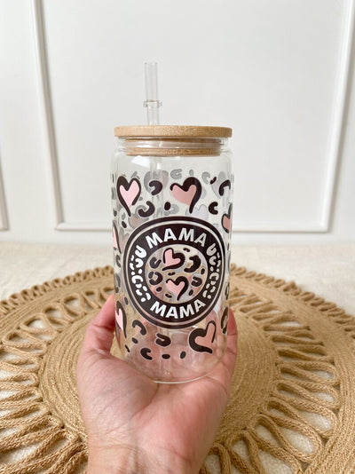 Leopard Glass coffee cup/ Mama Glass coffee cup with lid and straw/ Glass iced coffee cup / Valentines day gift